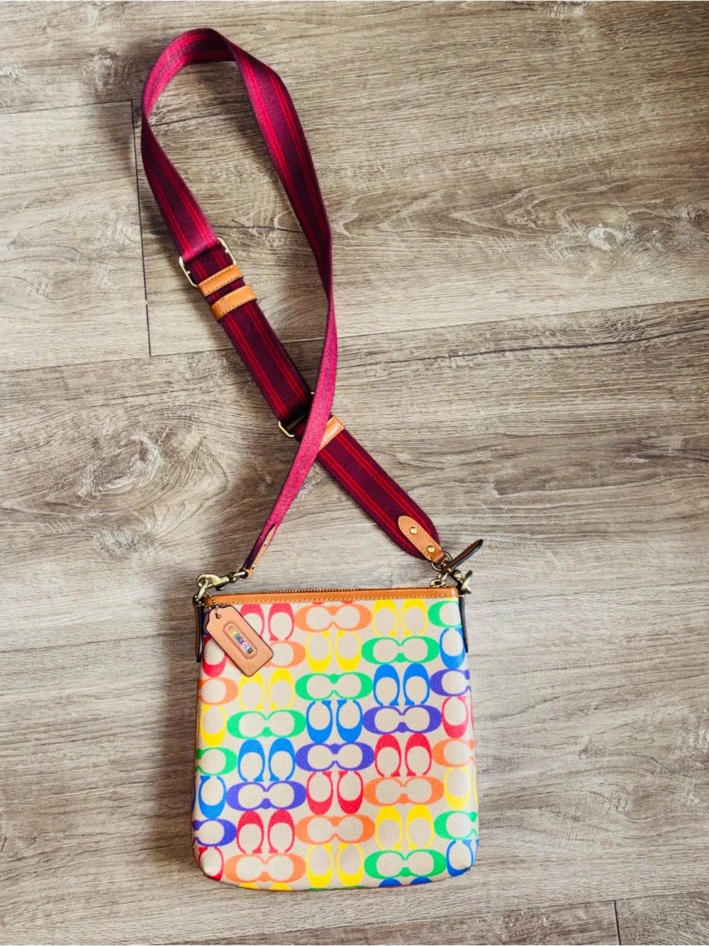 Coach Rainbow Signature Crossbody with Maroon Adjustable Strap